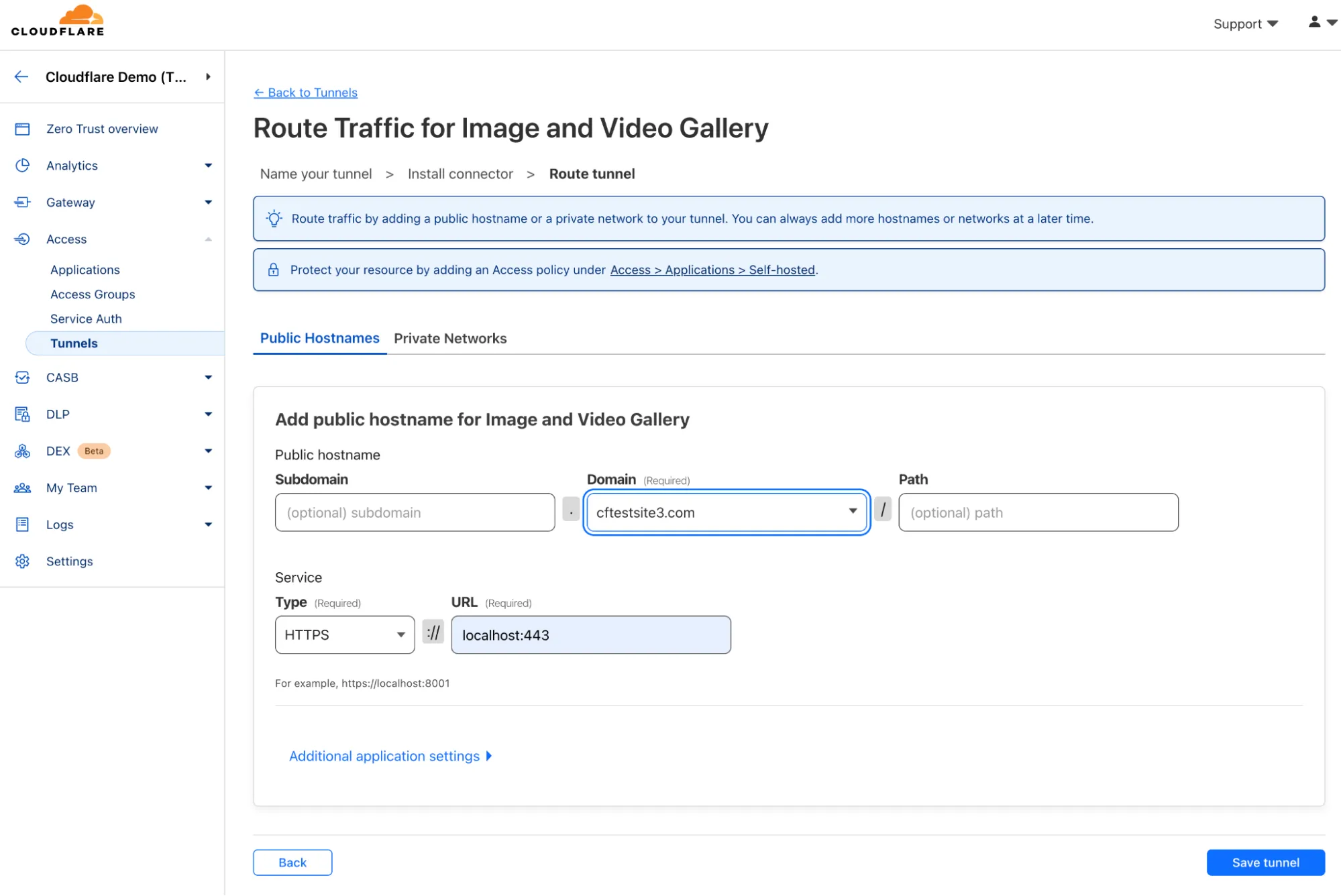 Figure 12: Cloudflare Tunnel Configuration. Cloudflare Tunnel configuration allows for routing traffic to specific services running on the origin.